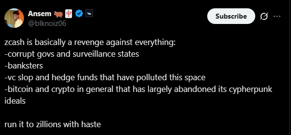 Ansem on X: zcash is basically a revenge against everything… run it to zillions with haste